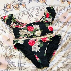 Vince Camuto Black Tropical Print Off the shoulder Ruffled Bikini - Sz S